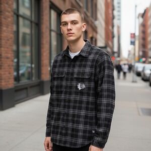 Chicago Blackhawks x The Wild Collective Mens Size S Black Gray Flannel Shirt